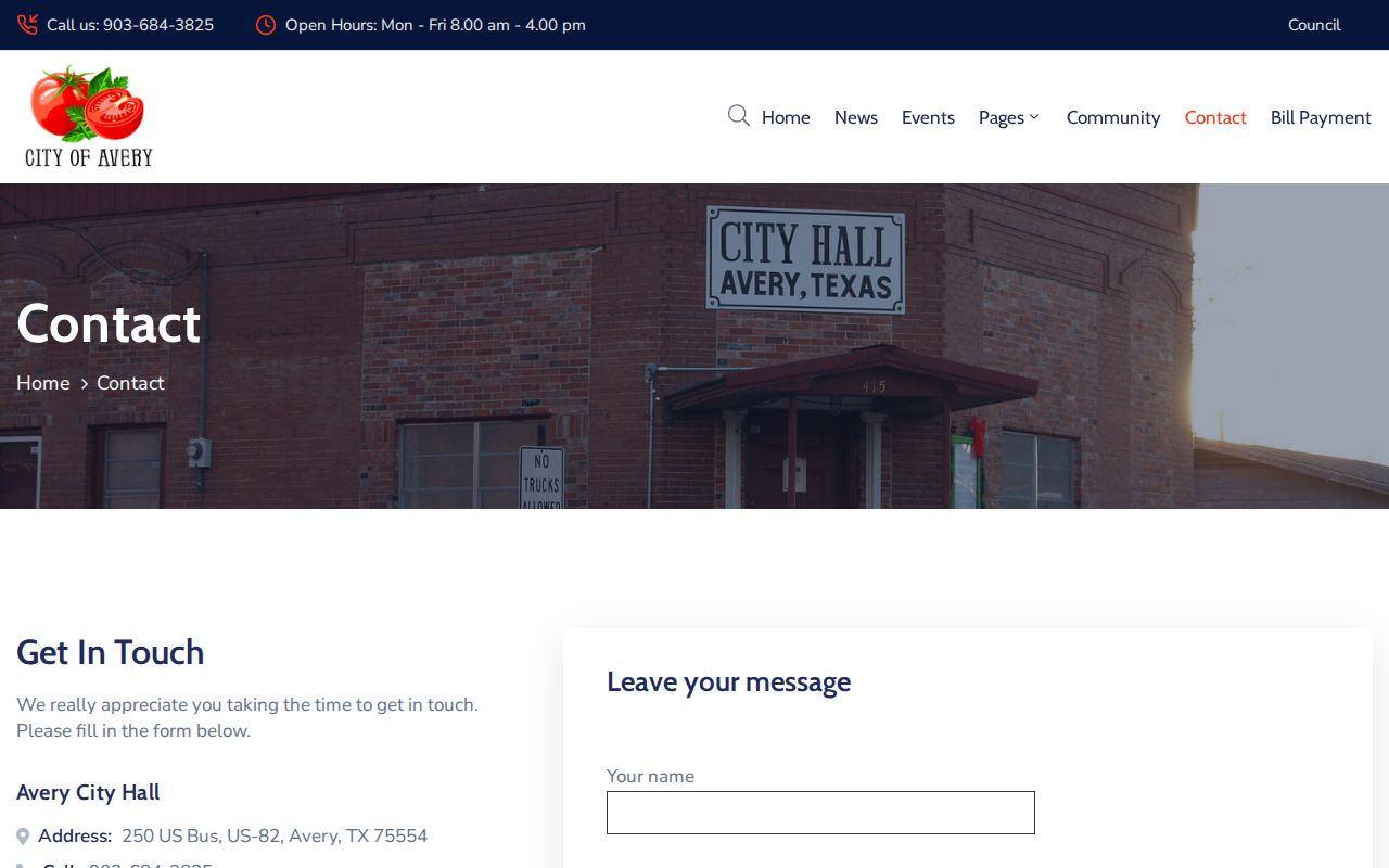 Avery court records City Hall contact page
